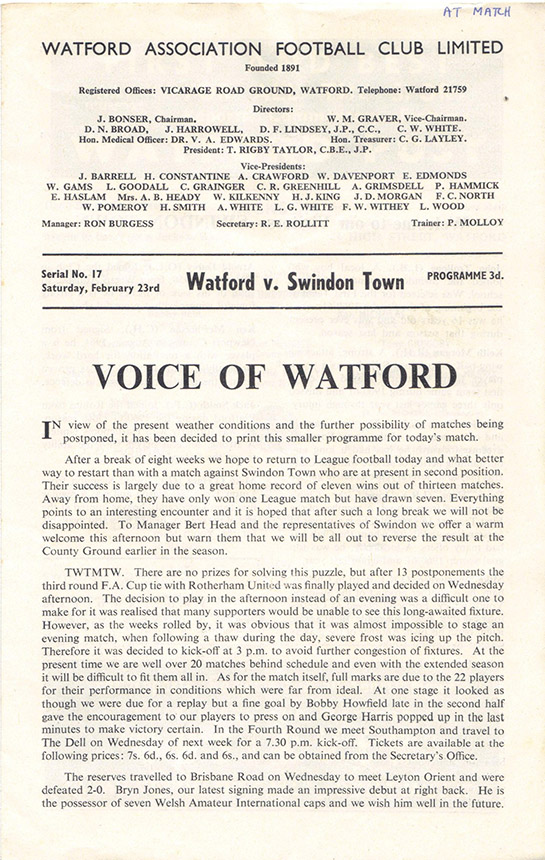 <b>Saturday, February 23, 1963</b><br />vs. Watford (Away)
